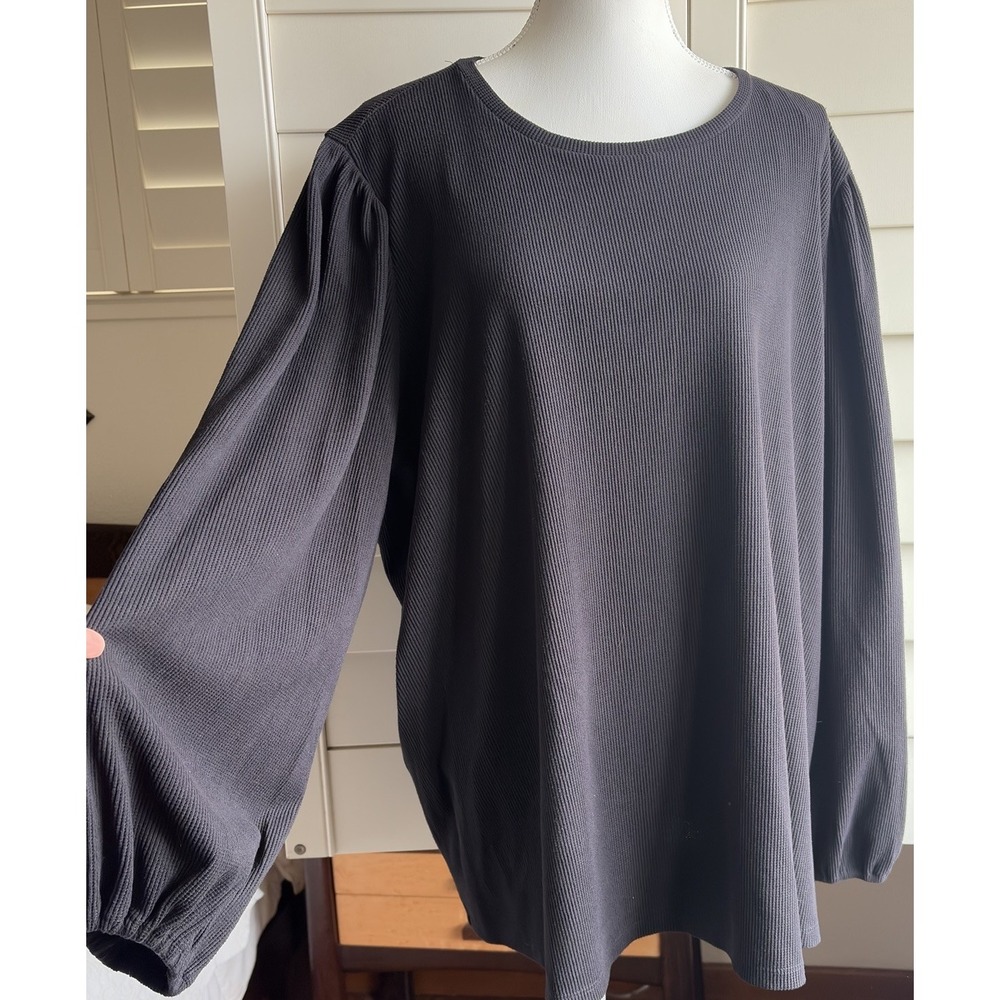 LC Lauren Conrad 4X Black Waffle Knit Top Puff Sleeve Relaxed Minimalist Tunic